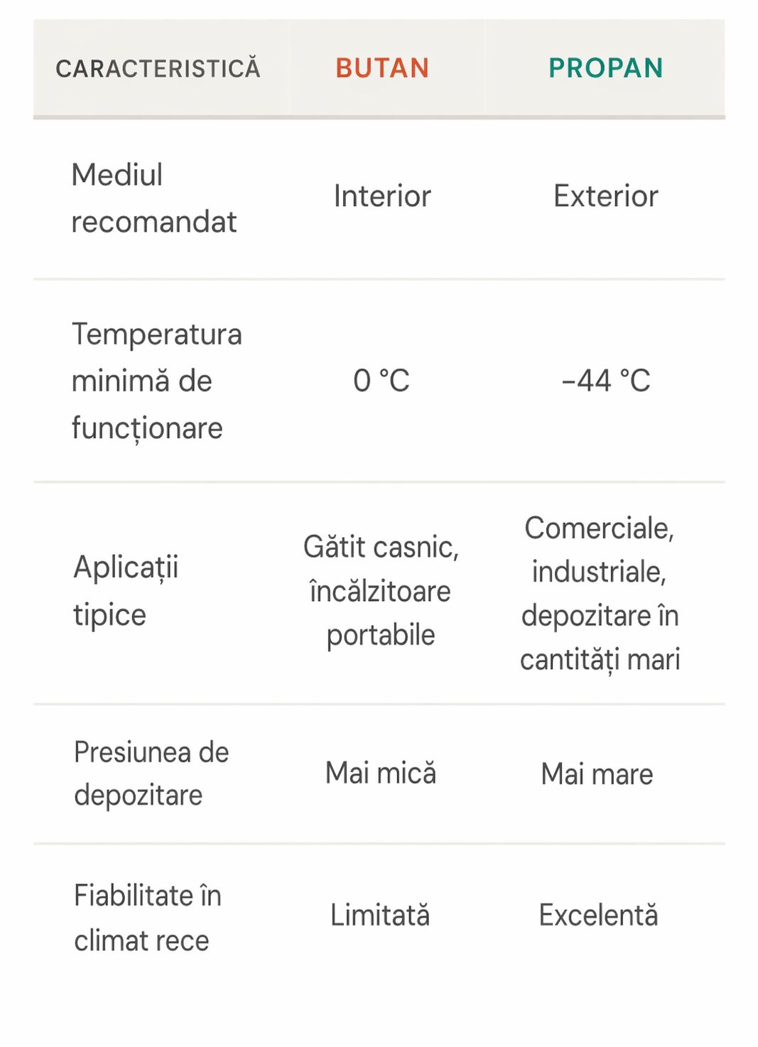 Tabel comparativ Butan si Propan
